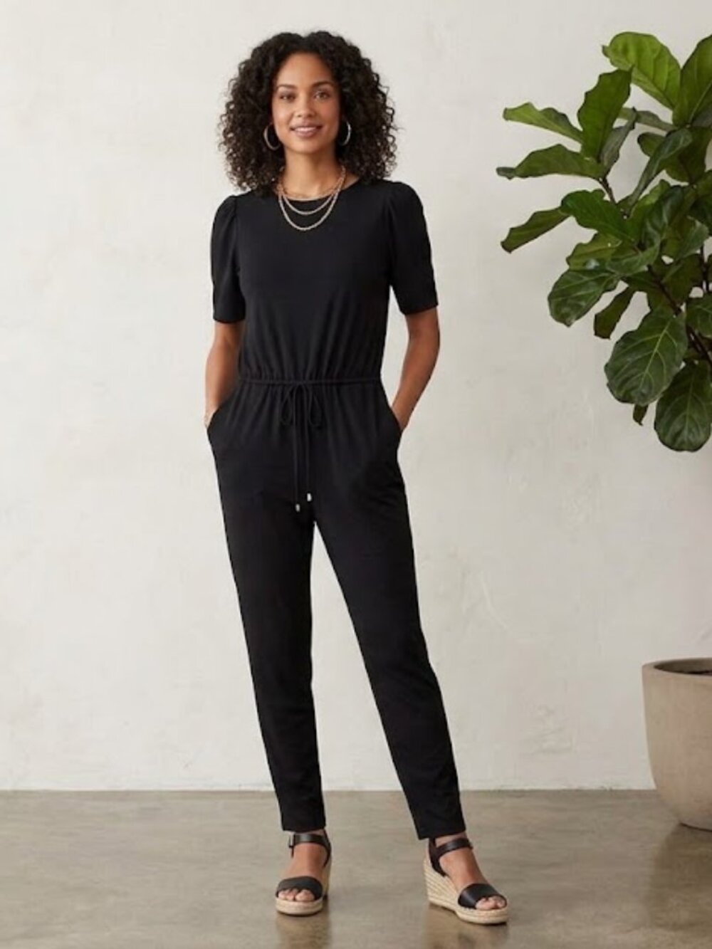 LAUREN RALPH LAUREN Black Drawstring Jumpsuit Short Puff Sleeve NWT Size M